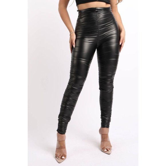 Women's Ruched Pants Faux leather Leggings Super Cute and Comfy Black XS to 3X - Picture 3 of 15
